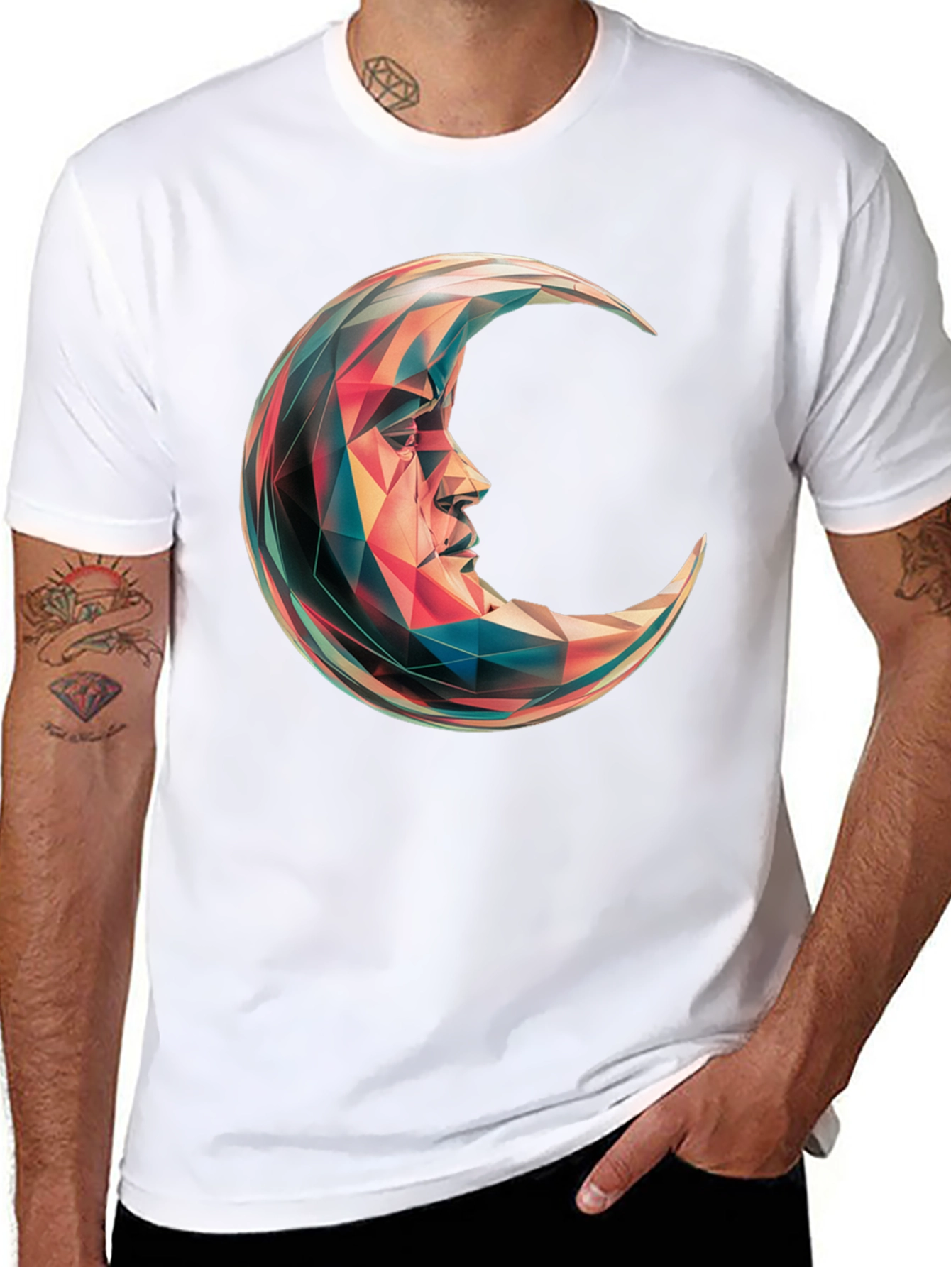 Geometric Crescent Moon Graphic T-Shirt - Black