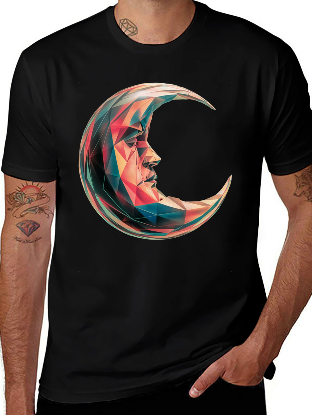 Geometric Crescent Moon Graphic T-Shirt - Black