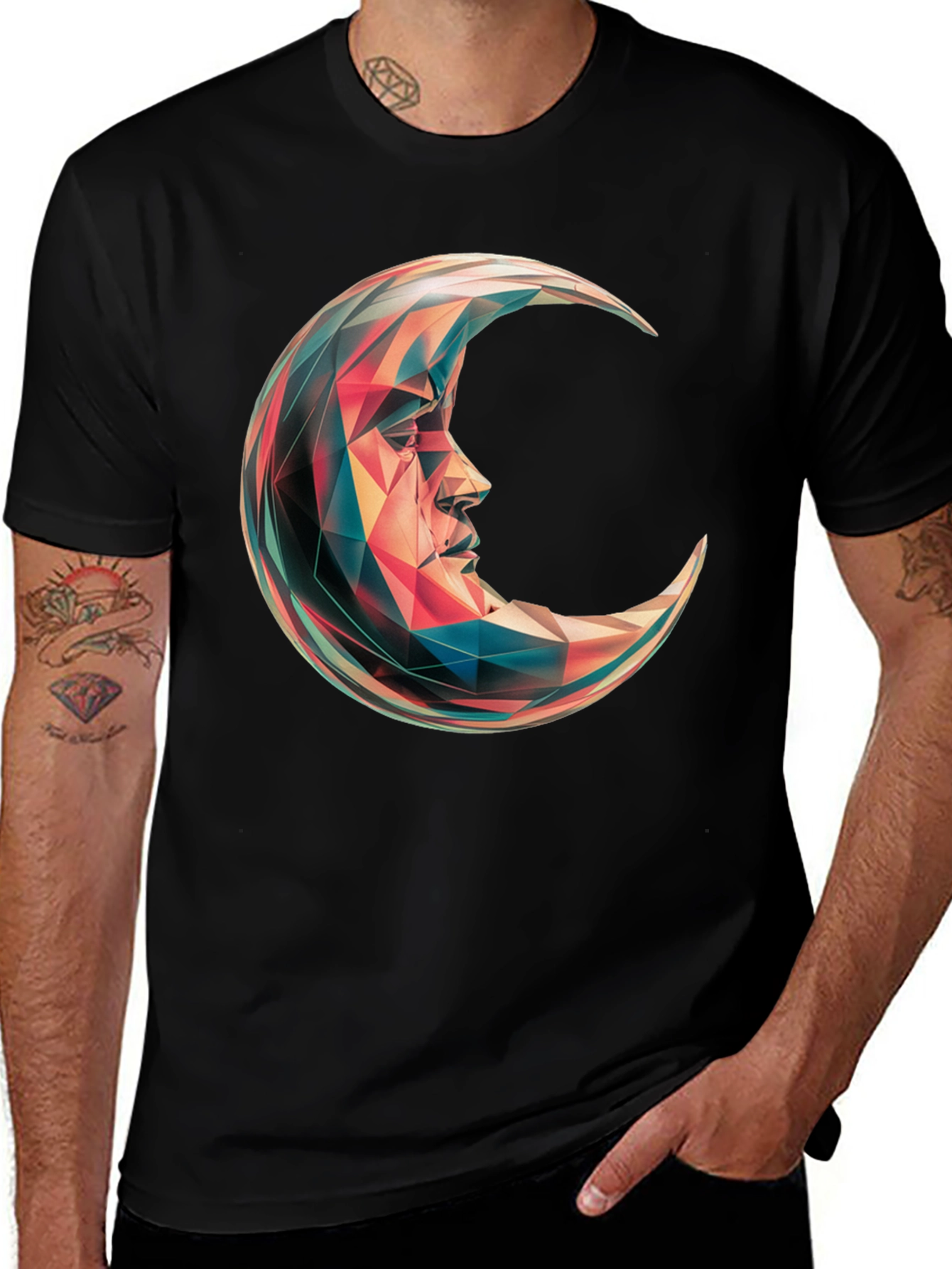 Geometric Crescent Moon Graphic T-Shirt - Black
