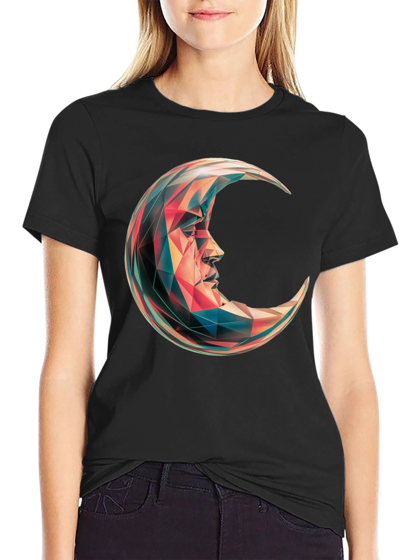 Geometric Crescent Moon Graphic T-Shirt - Black