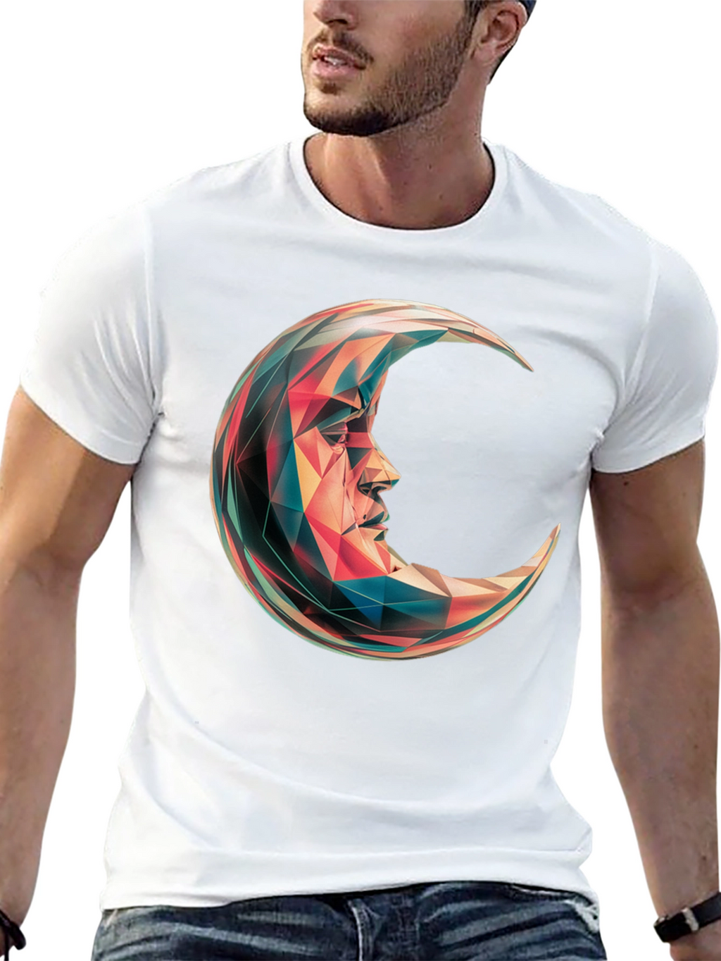 Geometric Crescent Moon Graphic T-Shirt - Black
