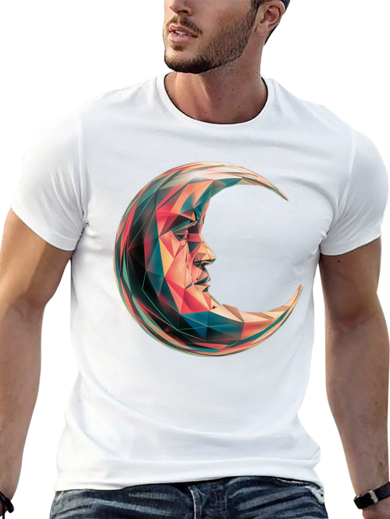 Geometric Crescent Moon Graphic T-Shirt - Black