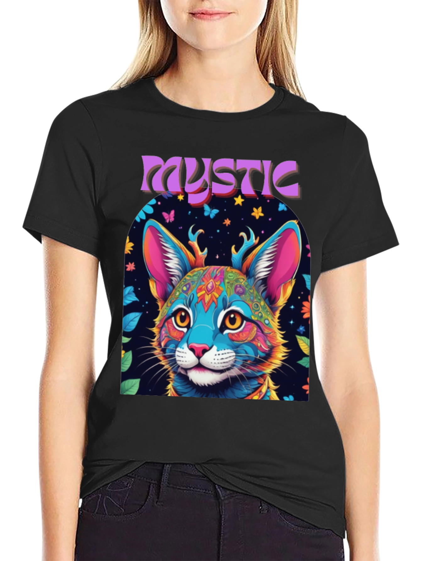 Mystic Cat Graphic Tee - Vibrant Psychedelic Design