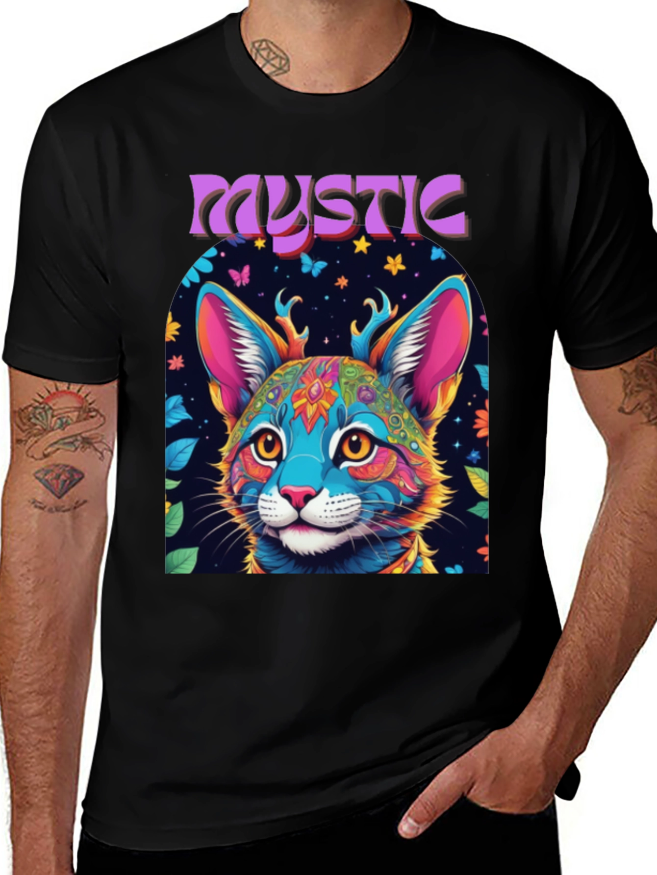 Mystic Cat Graphic Tee - Vibrant Psychedelic Design