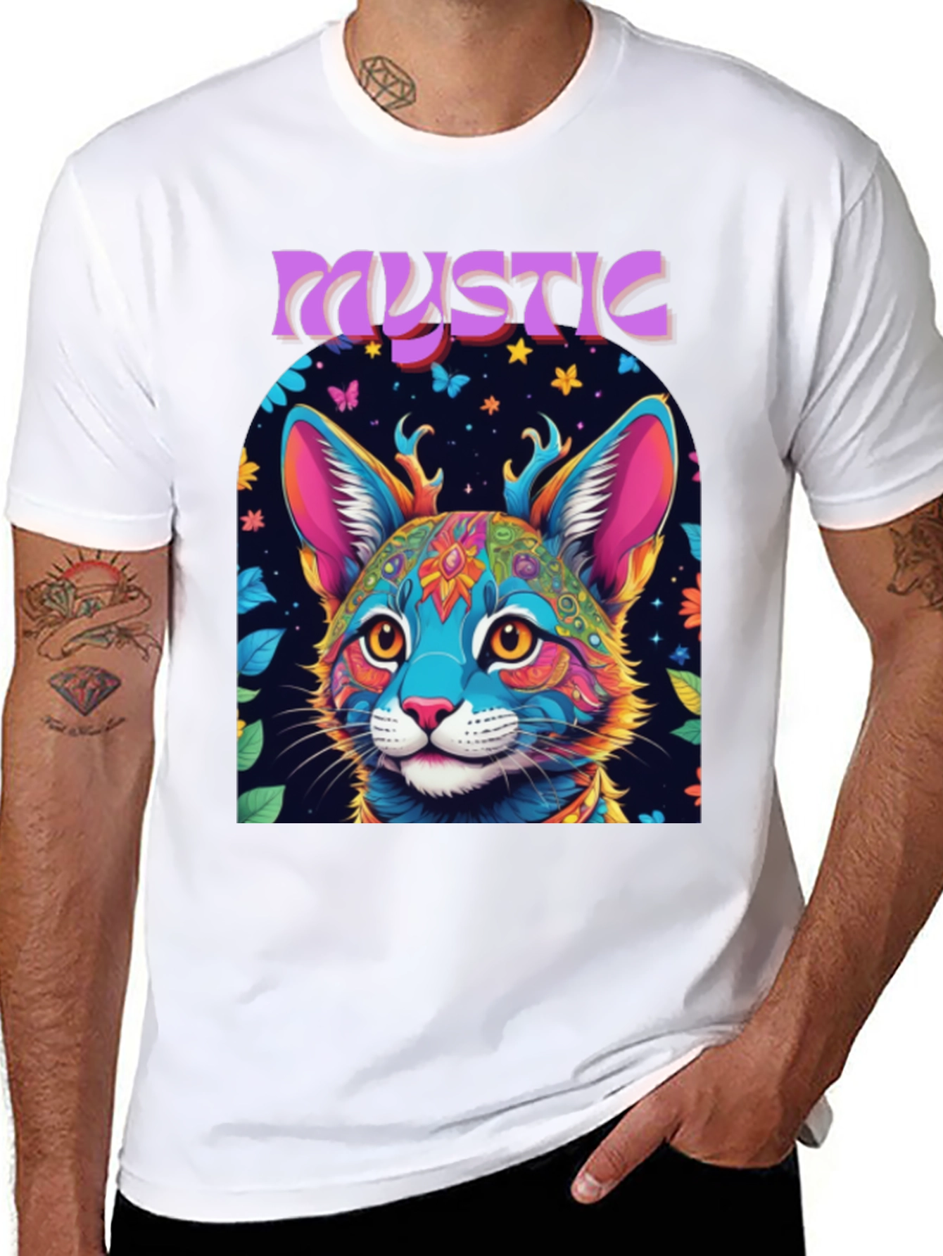 Mystic Cat Graphic Tee - Vibrant Psychedelic Design