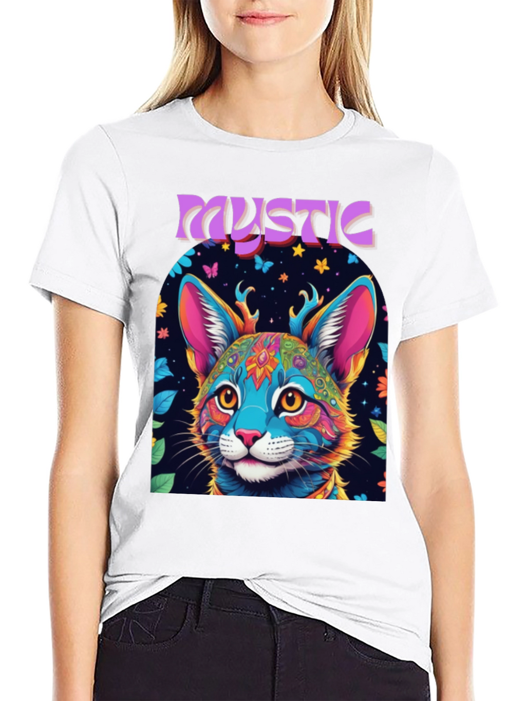 Mystic Cat Graphic Tee - Vibrant Psychedelic Design