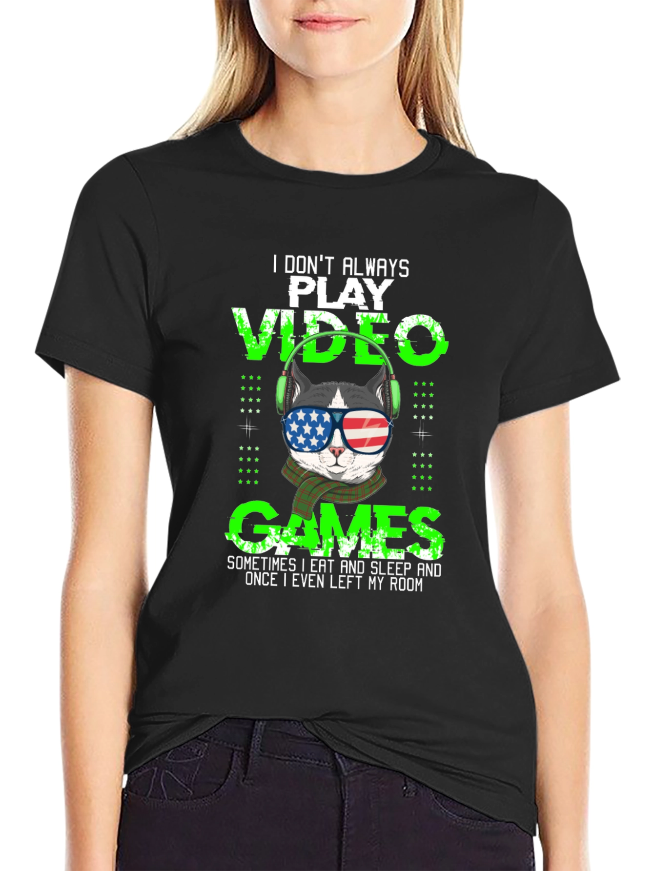 Gamer Cat T-Shirt - American Flag Sunglasses