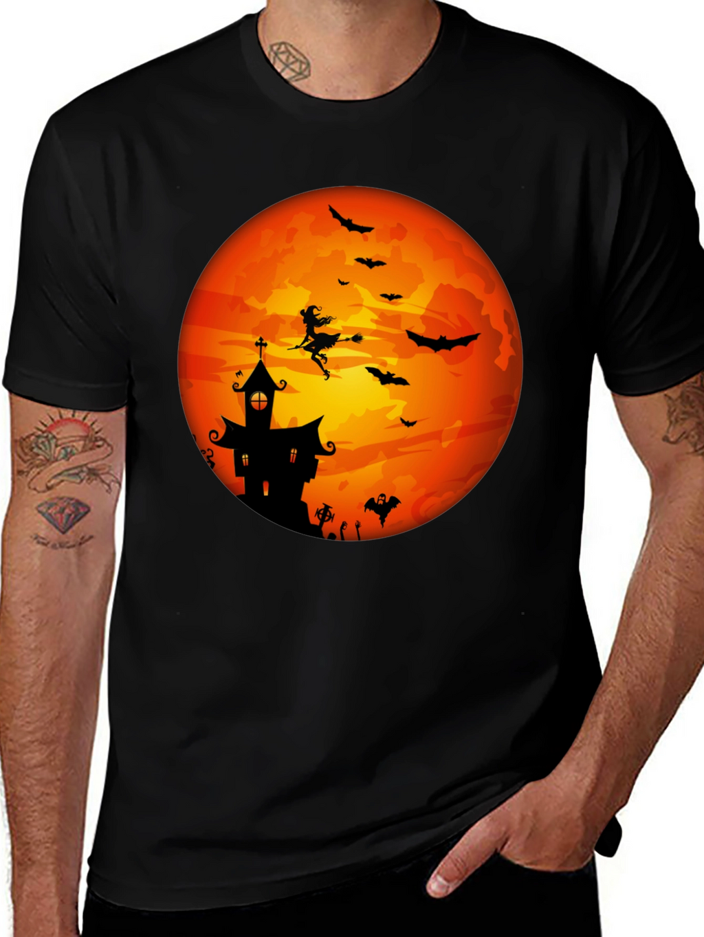 Halloween Moon Witch & Haunted House T-Shirt
