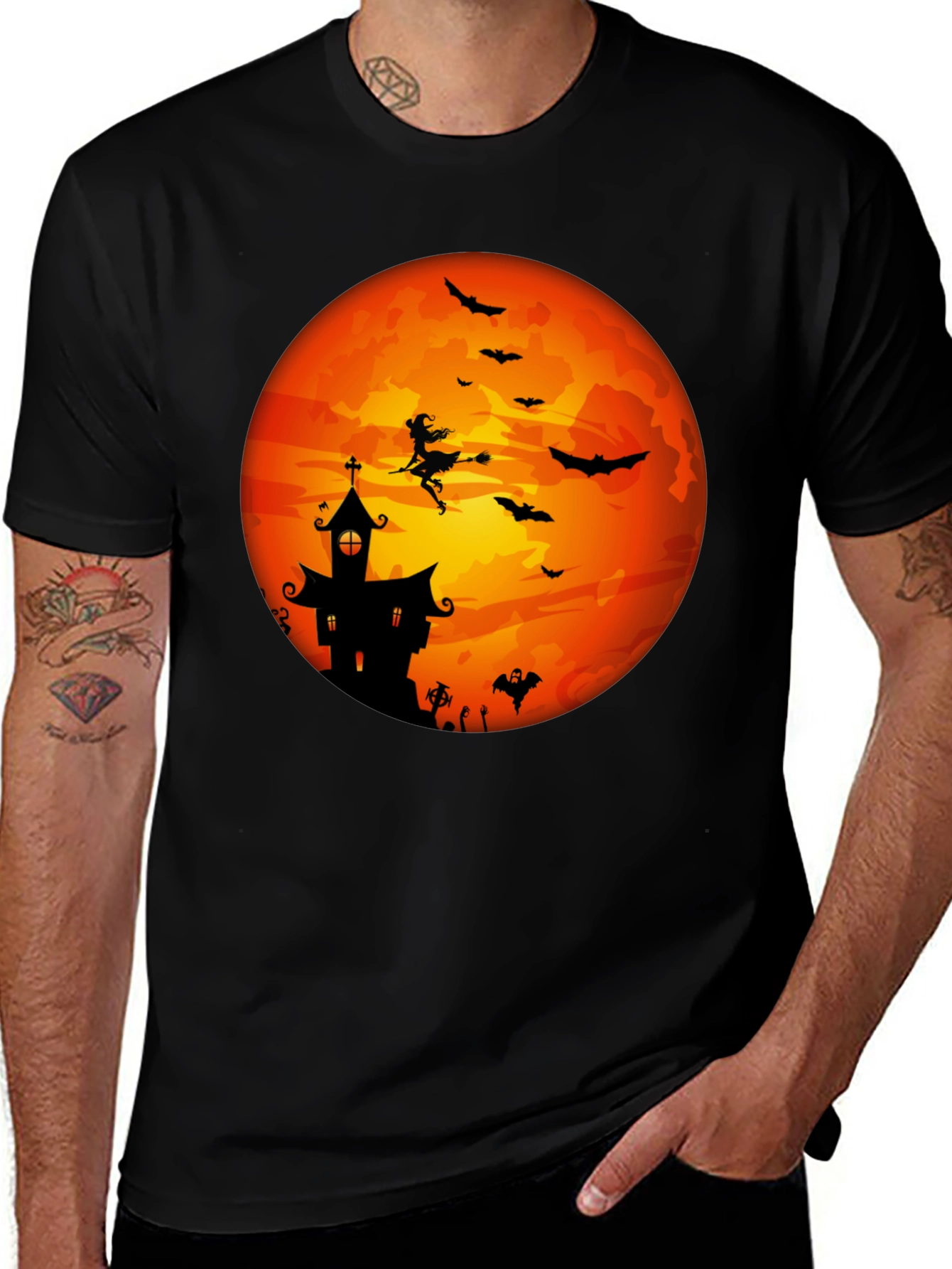 Halloween Moon Witch & Haunted House T-Shirt