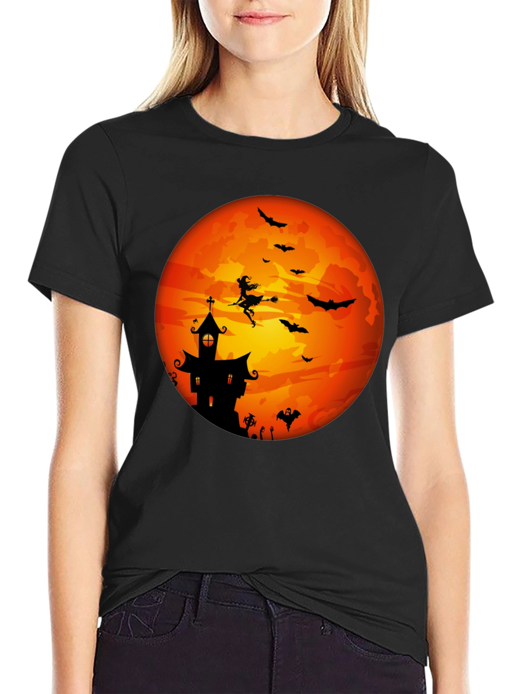Halloween Moon Witch & Haunted House T-Shirt