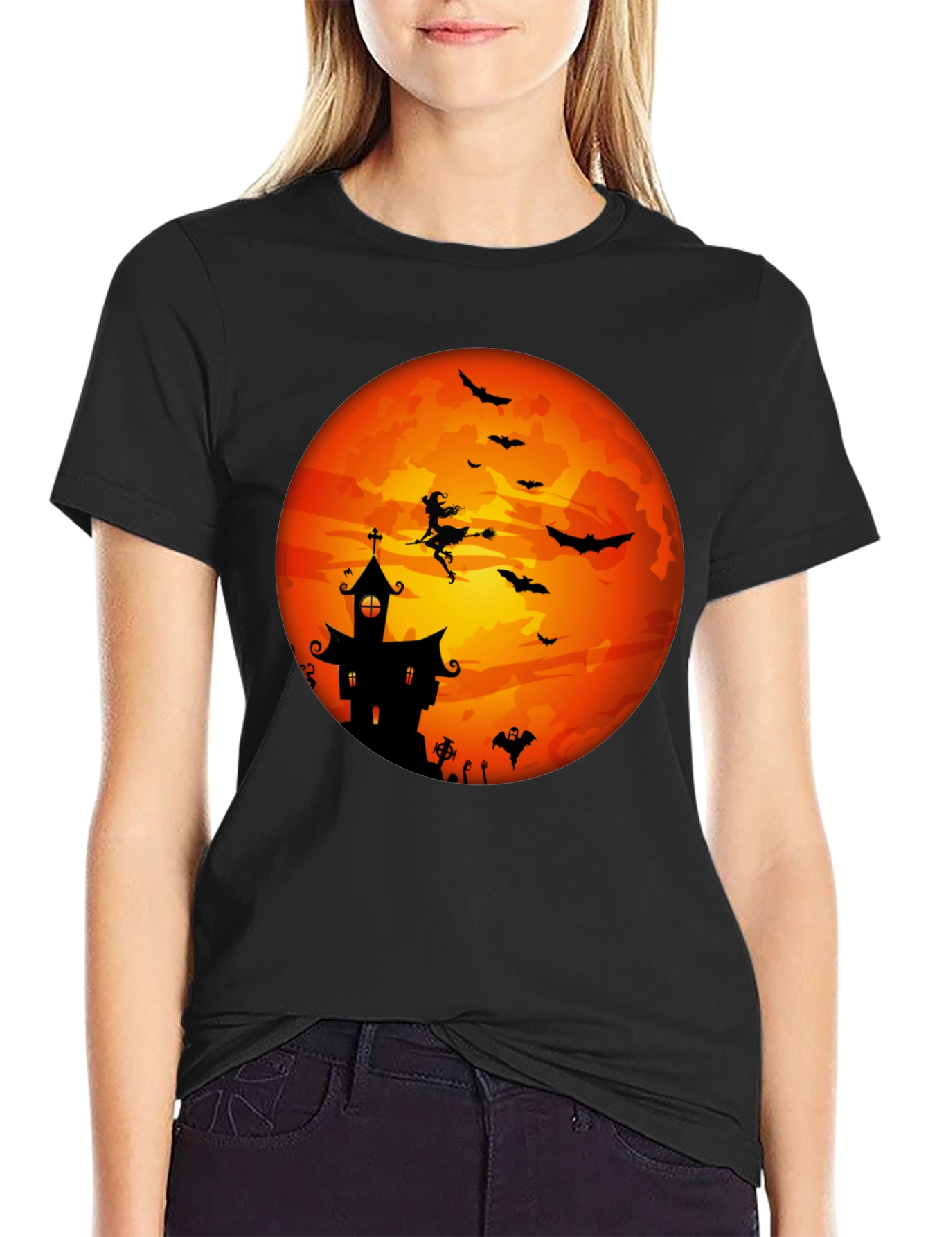 Halloween Moon Witch & Haunted House T-Shirt