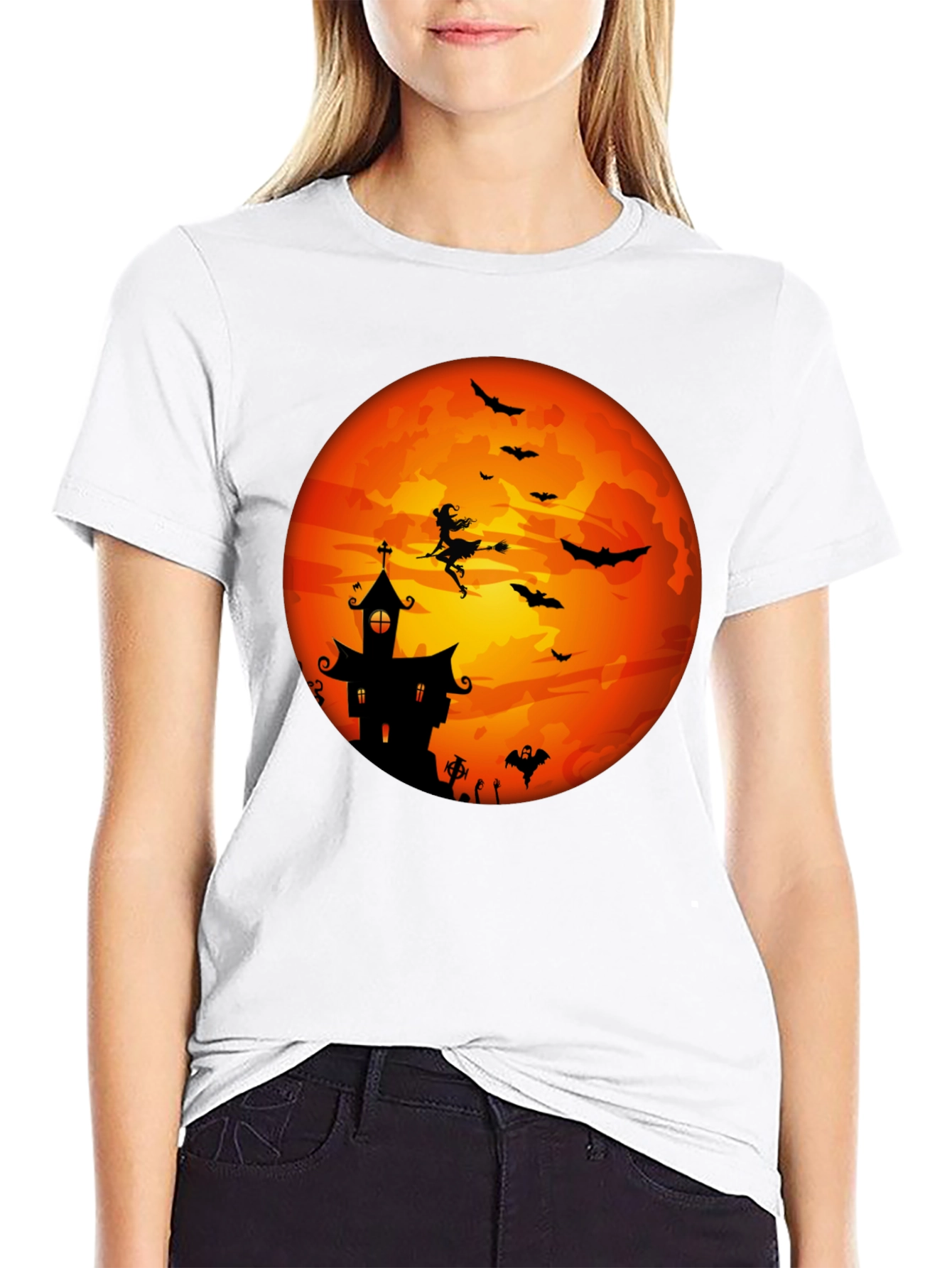 Halloween Moon Witch & Haunted House T-Shirt
