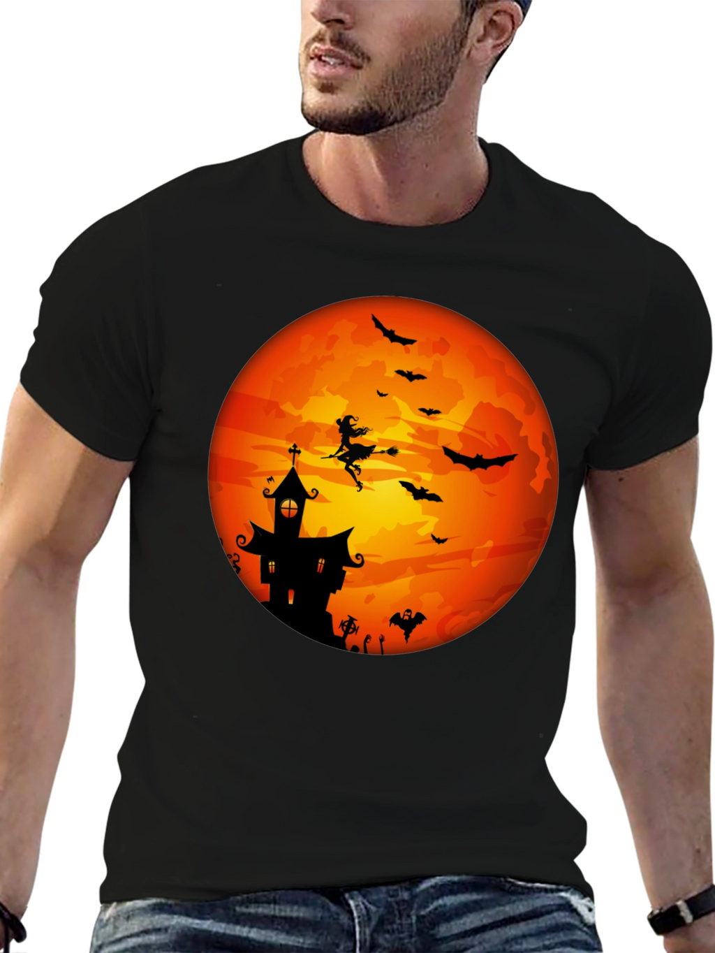 Halloween Moon Witch & Haunted House T-Shirt