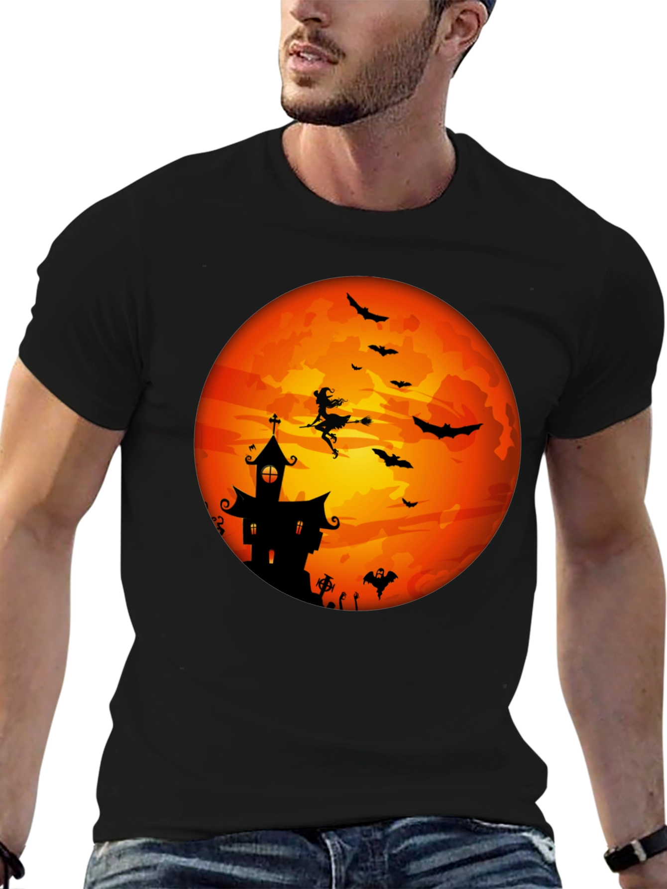 Halloween Moon Witch & Haunted House T-Shirt