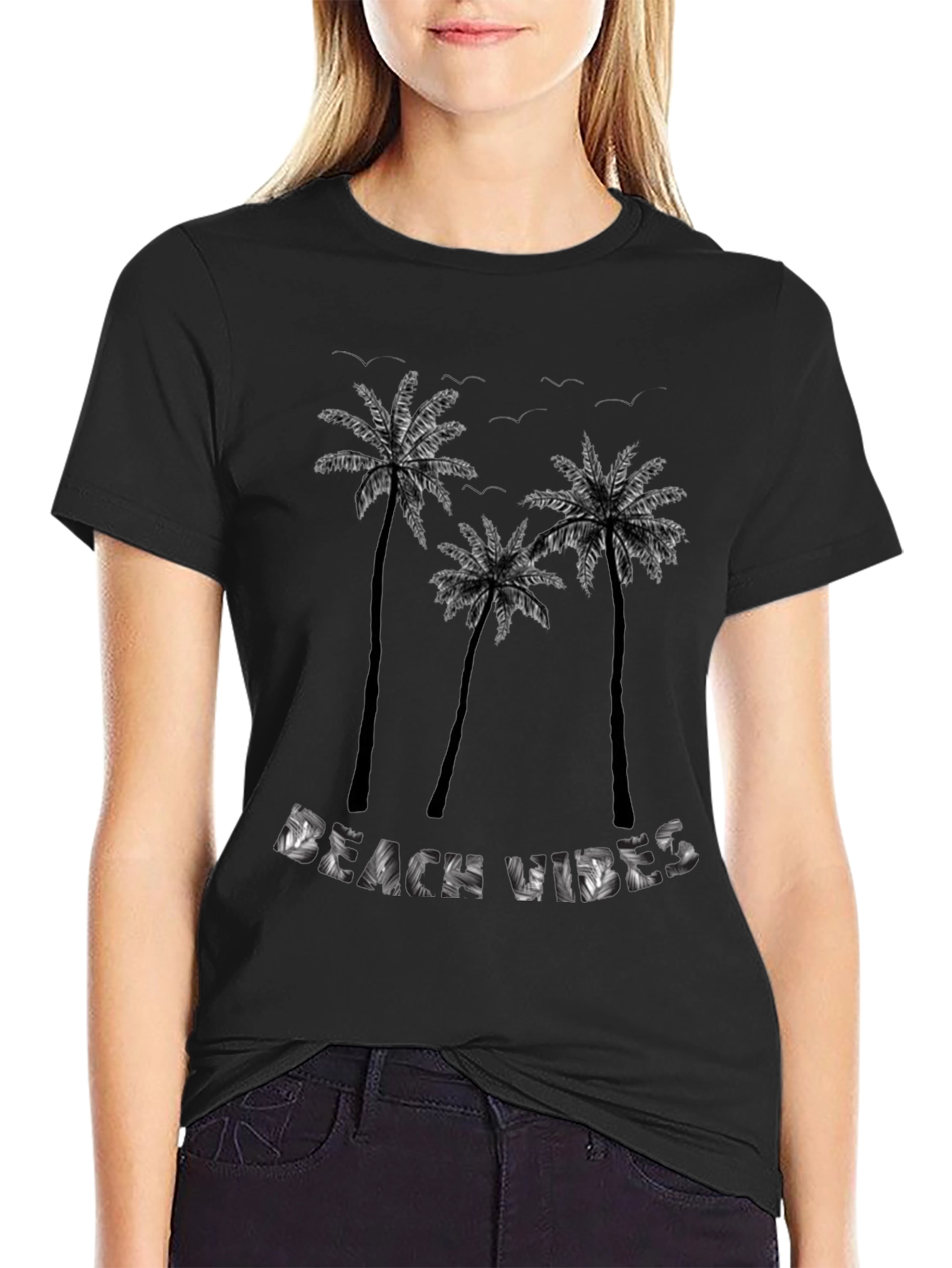 Beach Vibes Palm Tree Graphic Tee - Black Cotton T-Shirt