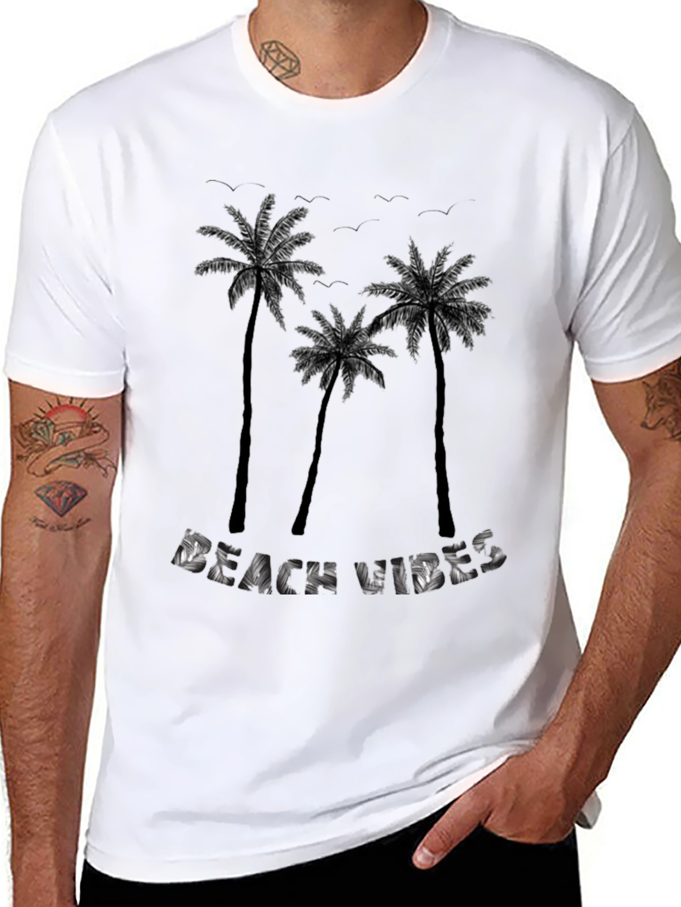 Beach Vibes Palm Tree Graphic Tee - Black Cotton T-Shirt