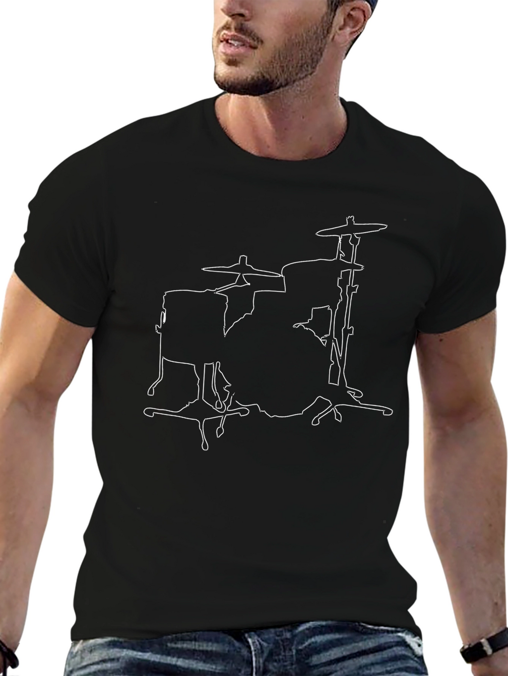 Drum Kit Outline Black T-Shirt - Music Lover Tee
