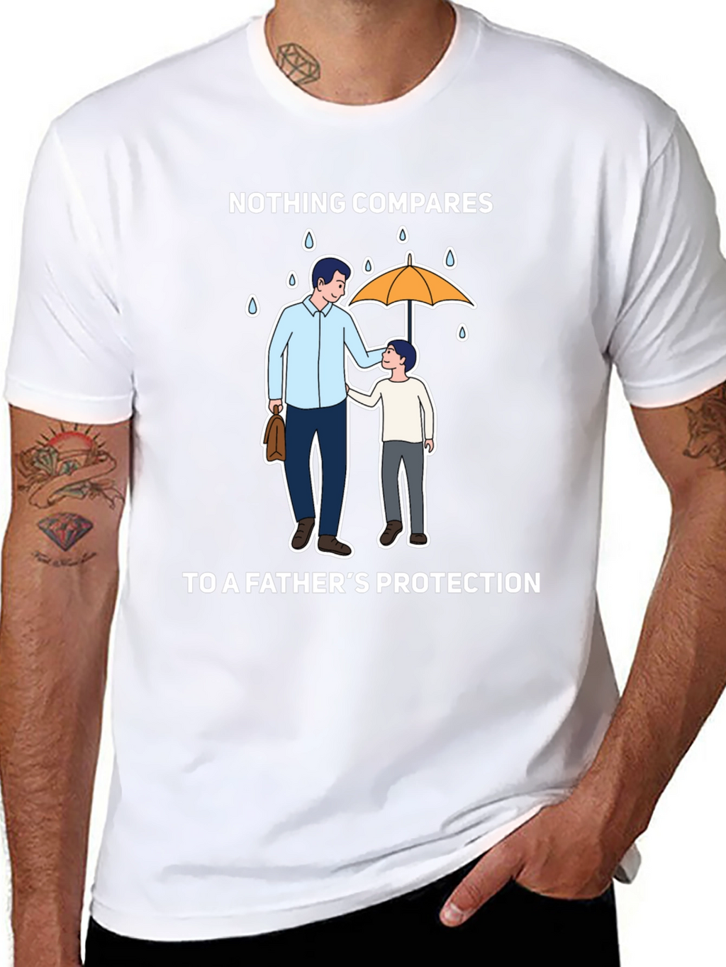 Fathers Protection T-Shirt - Dad & Son Under Umbrella