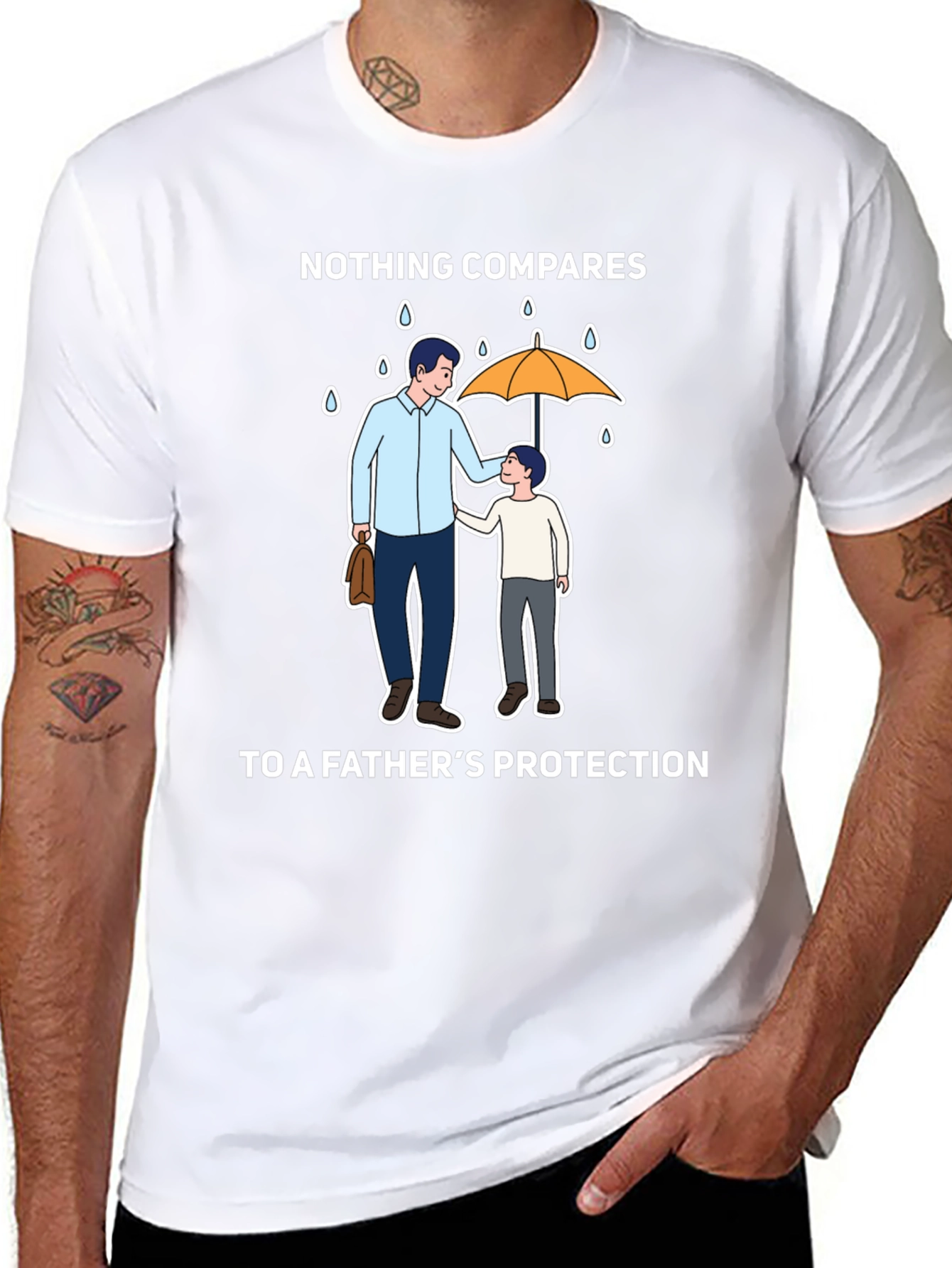 Fathers Protection T-Shirt - Dad & Son Under Umbrella