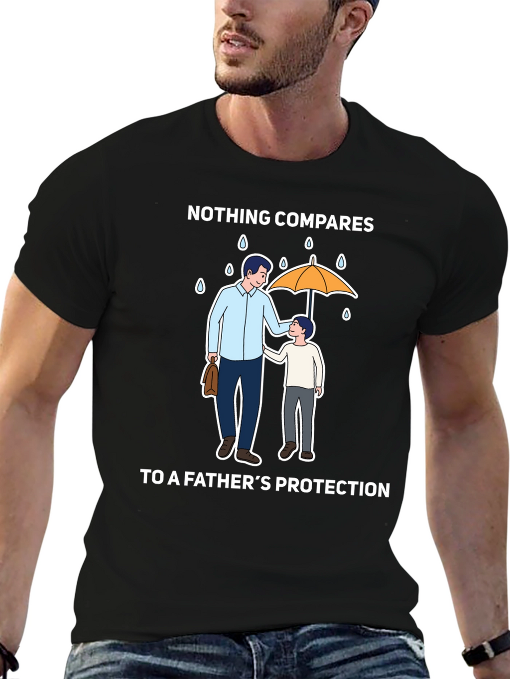 Fathers Protection T-Shirt - Dad & Son Under Umbrella