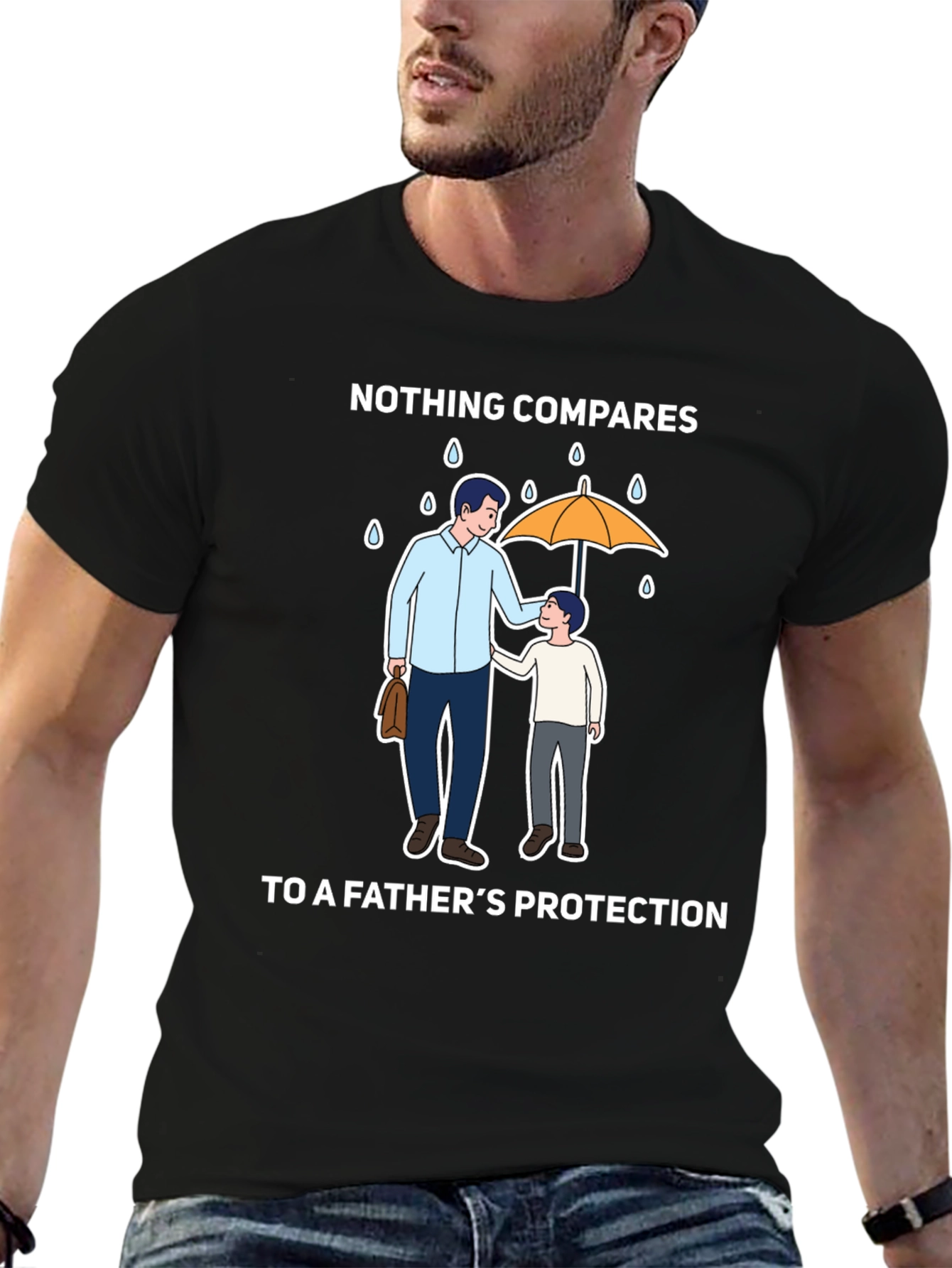 Fathers Protection T-Shirt - Dad & Son Under Umbrella