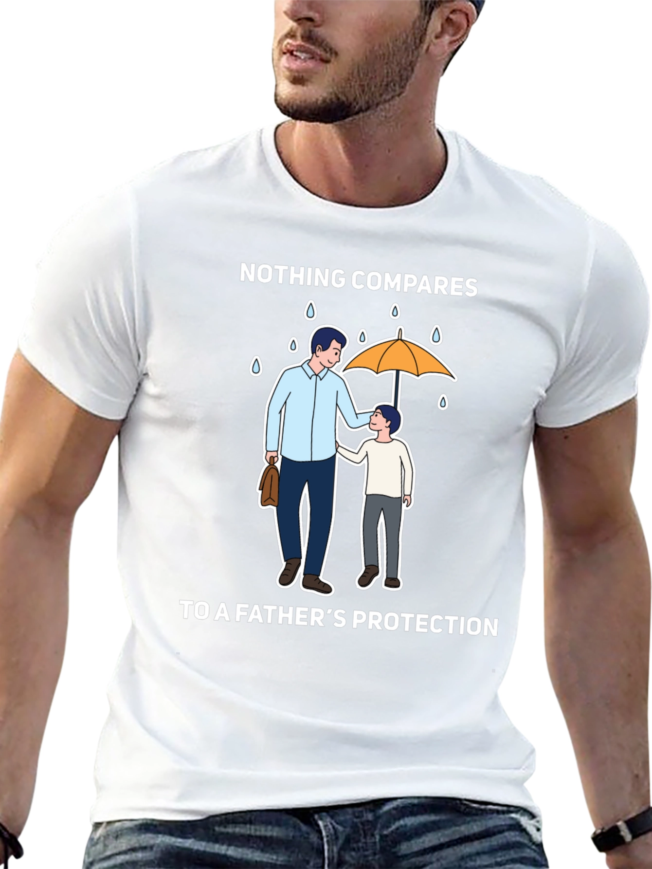 Fathers Protection T-Shirt - Dad & Son Under Umbrella