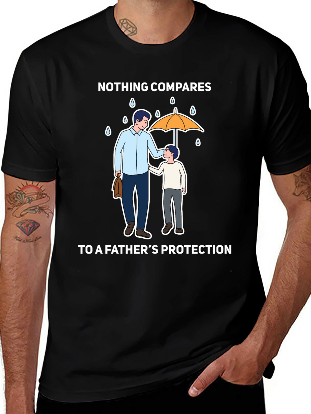 Fathers Protection T-Shirt - Dad & Son Under Umbrella