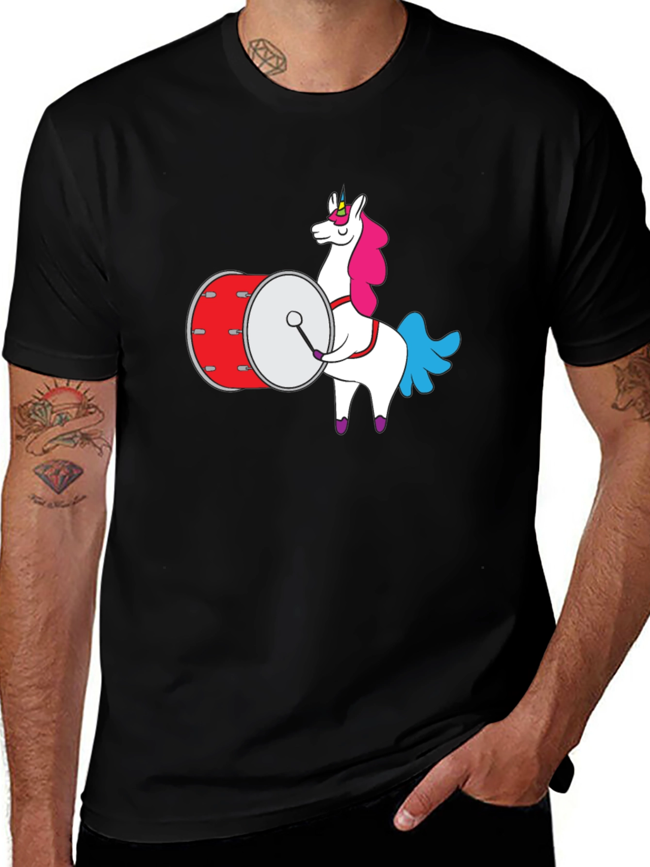 Unicorn Drummer T-Shirt - Black Graphic Tee