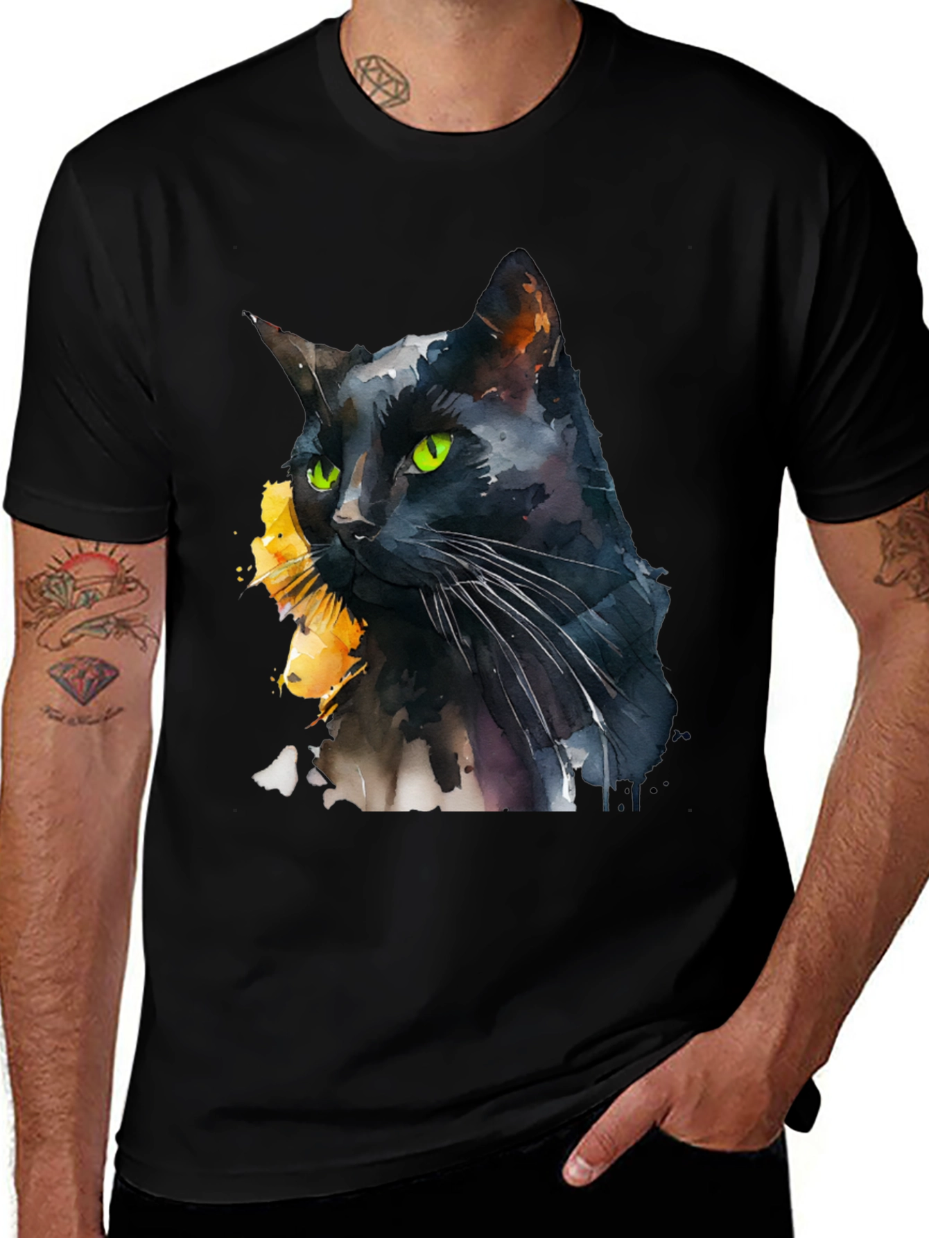 Black Cat Watercolor Graphic T-Shirt