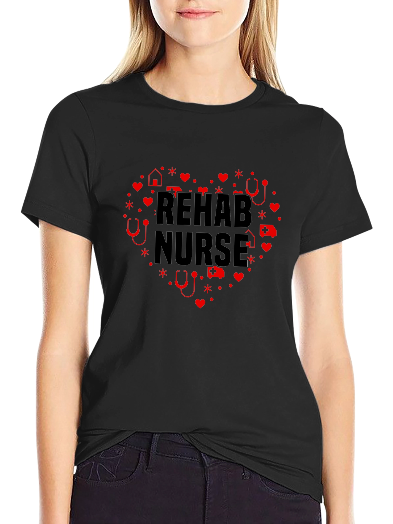 Rehab Nurse Heart Graphic Black T-Shirt