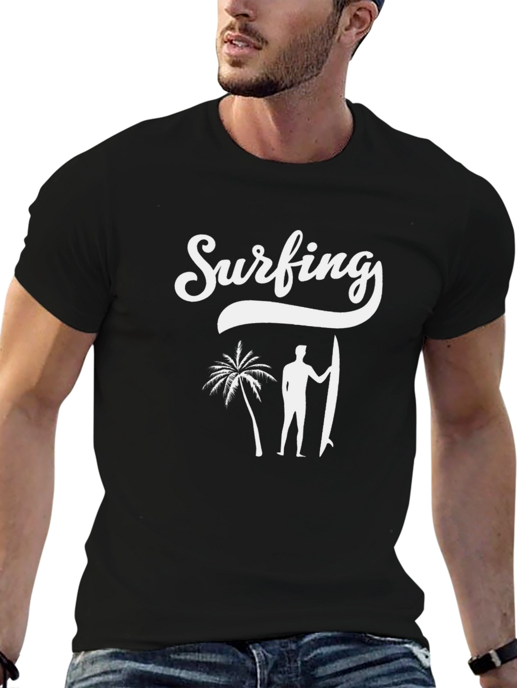 Surfing Graphic Print Black T-Shirt