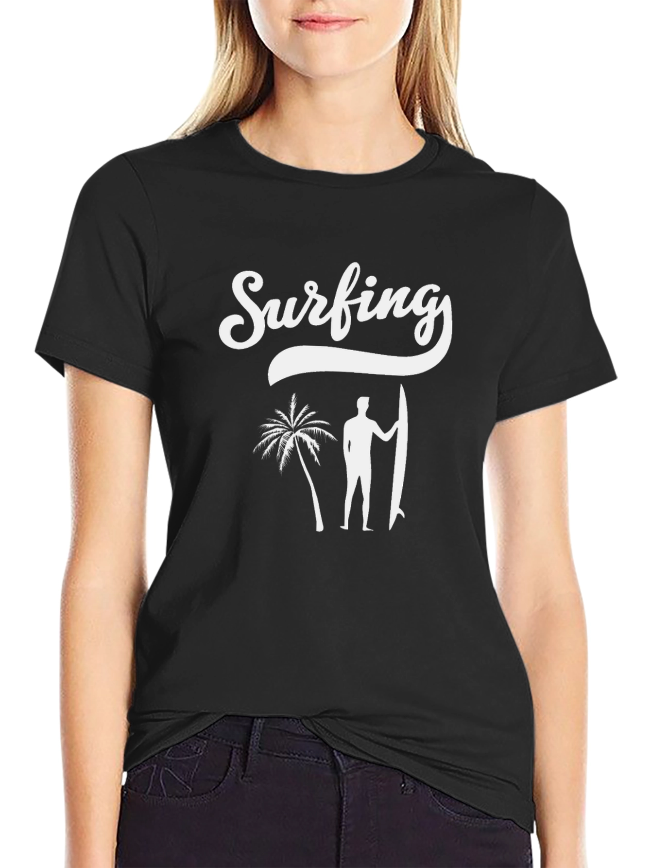 Surfing Graphic Print Black T-Shirt