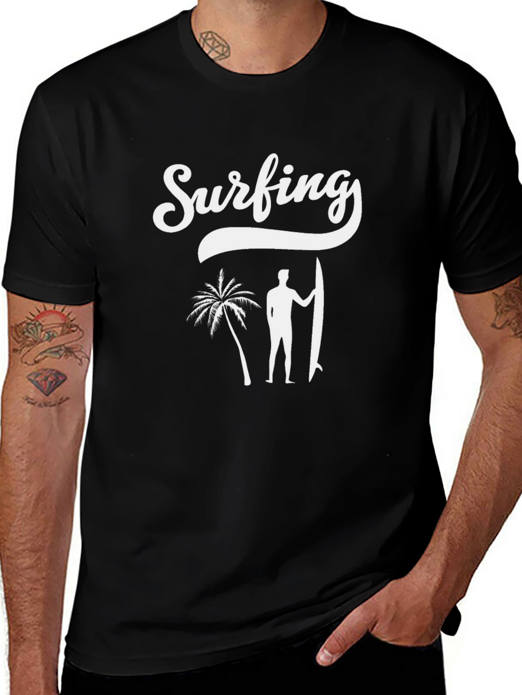 Surfing Graphic Print Black T-Shirt