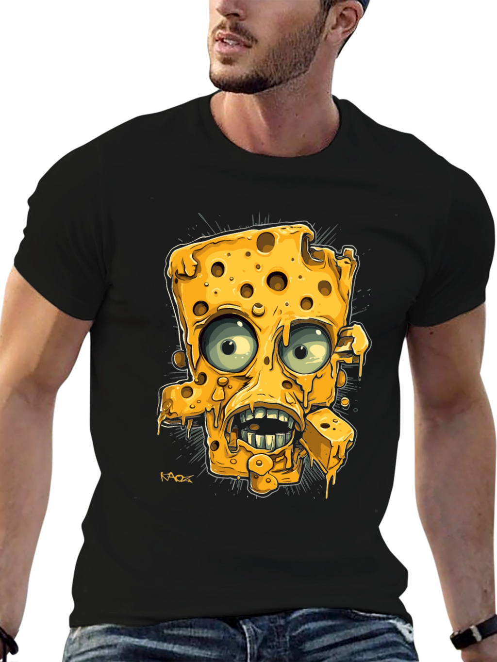 Cartoon Cheese Character Black Graphic Tee