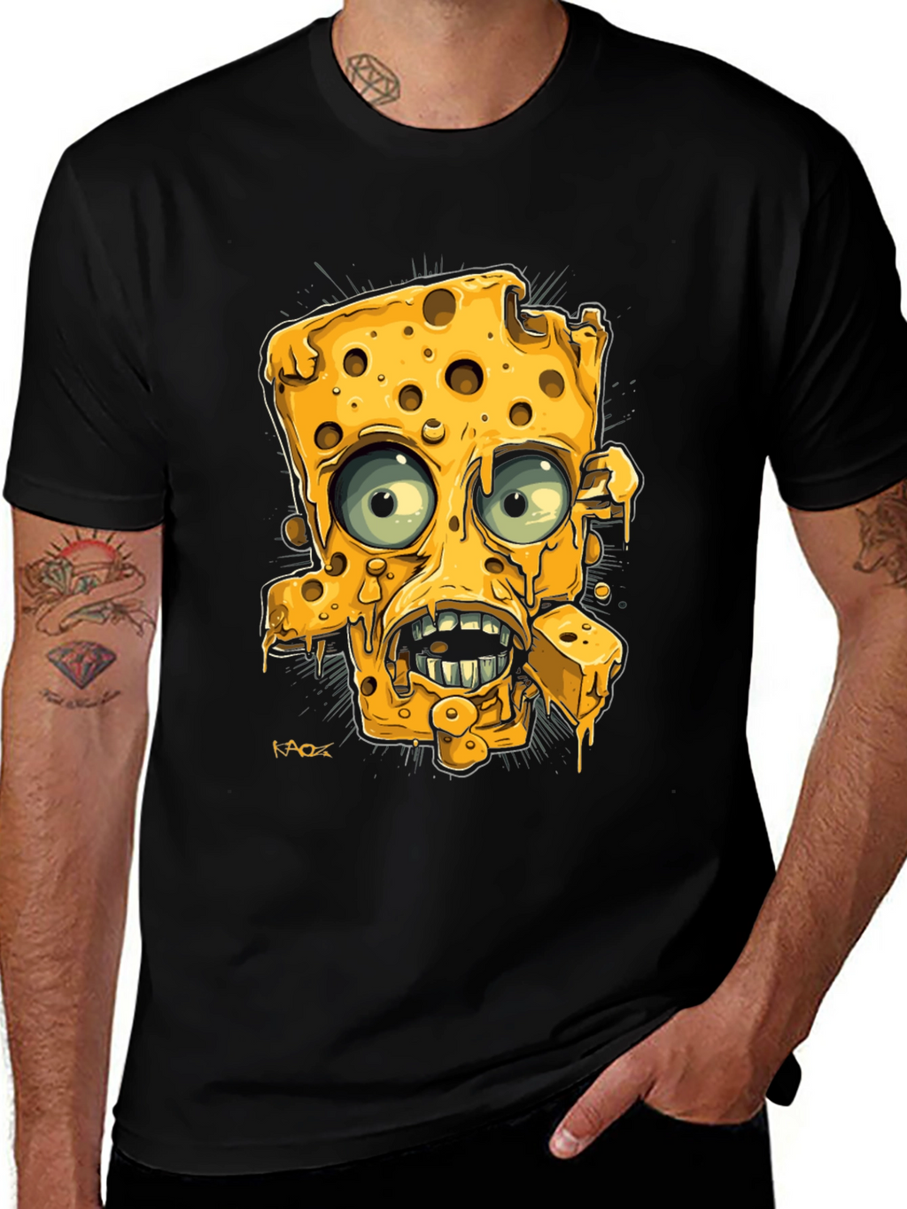 Cartoon Cheese Character Black Graphic Tee
