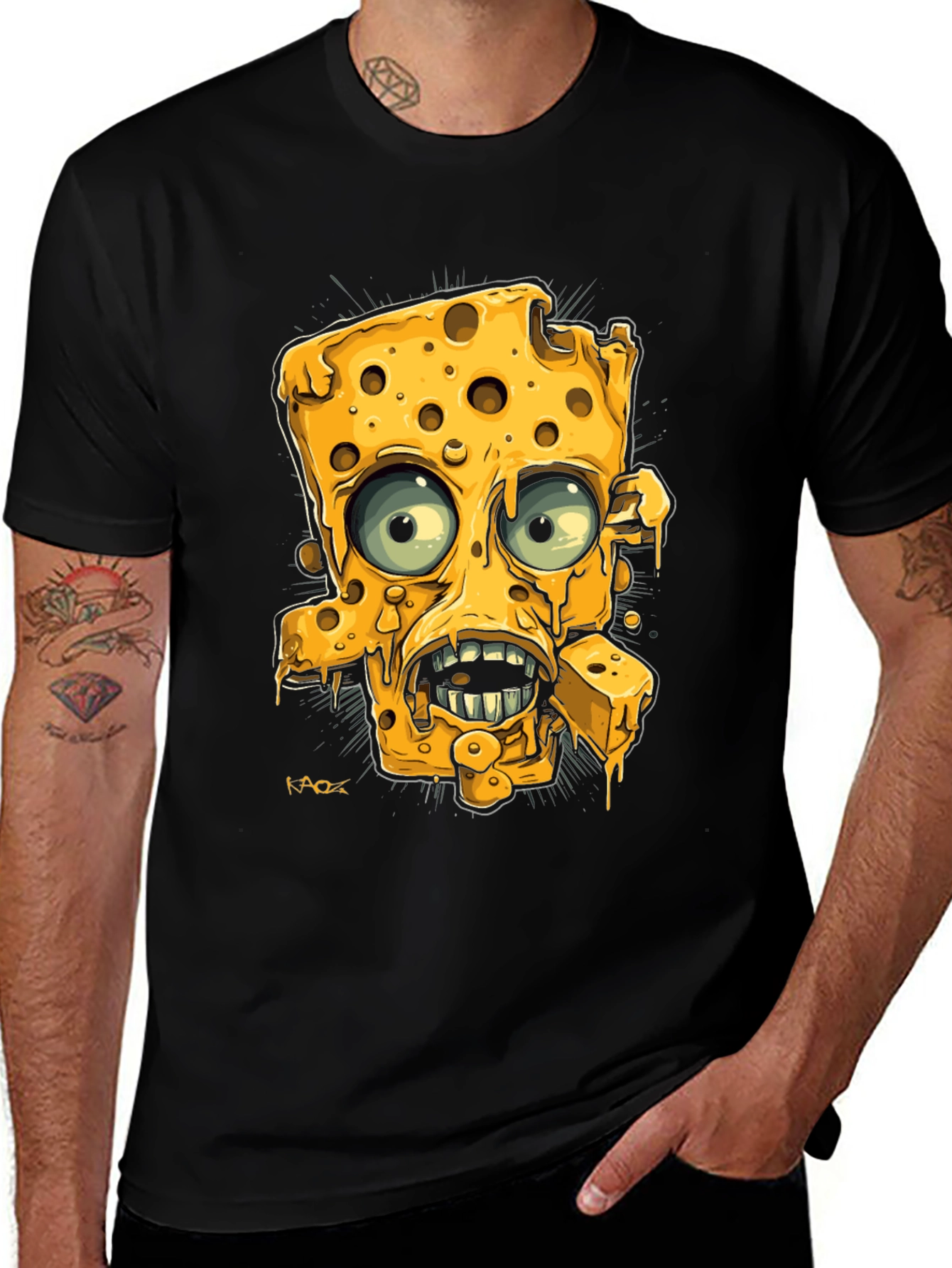 Cartoon Cheese Character Black Graphic Tee