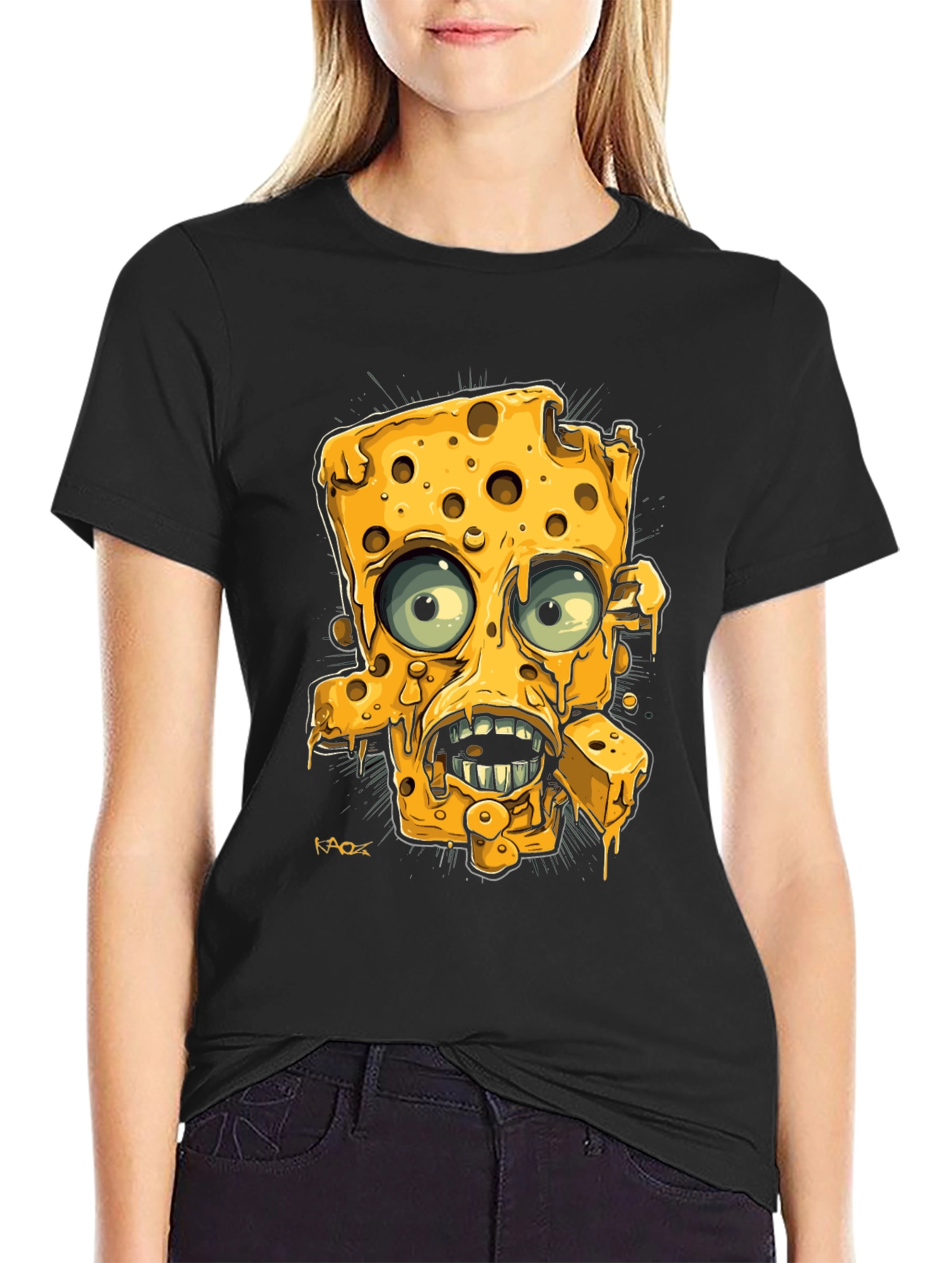 Cartoon Cheese Character Black Graphic Tee