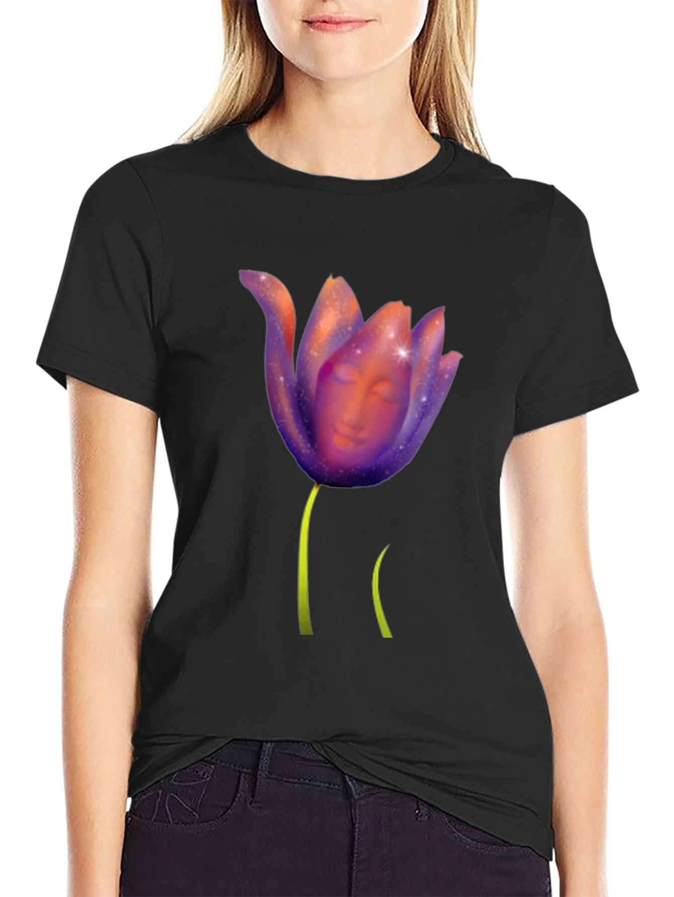 Floral Face Graphic Black Tee