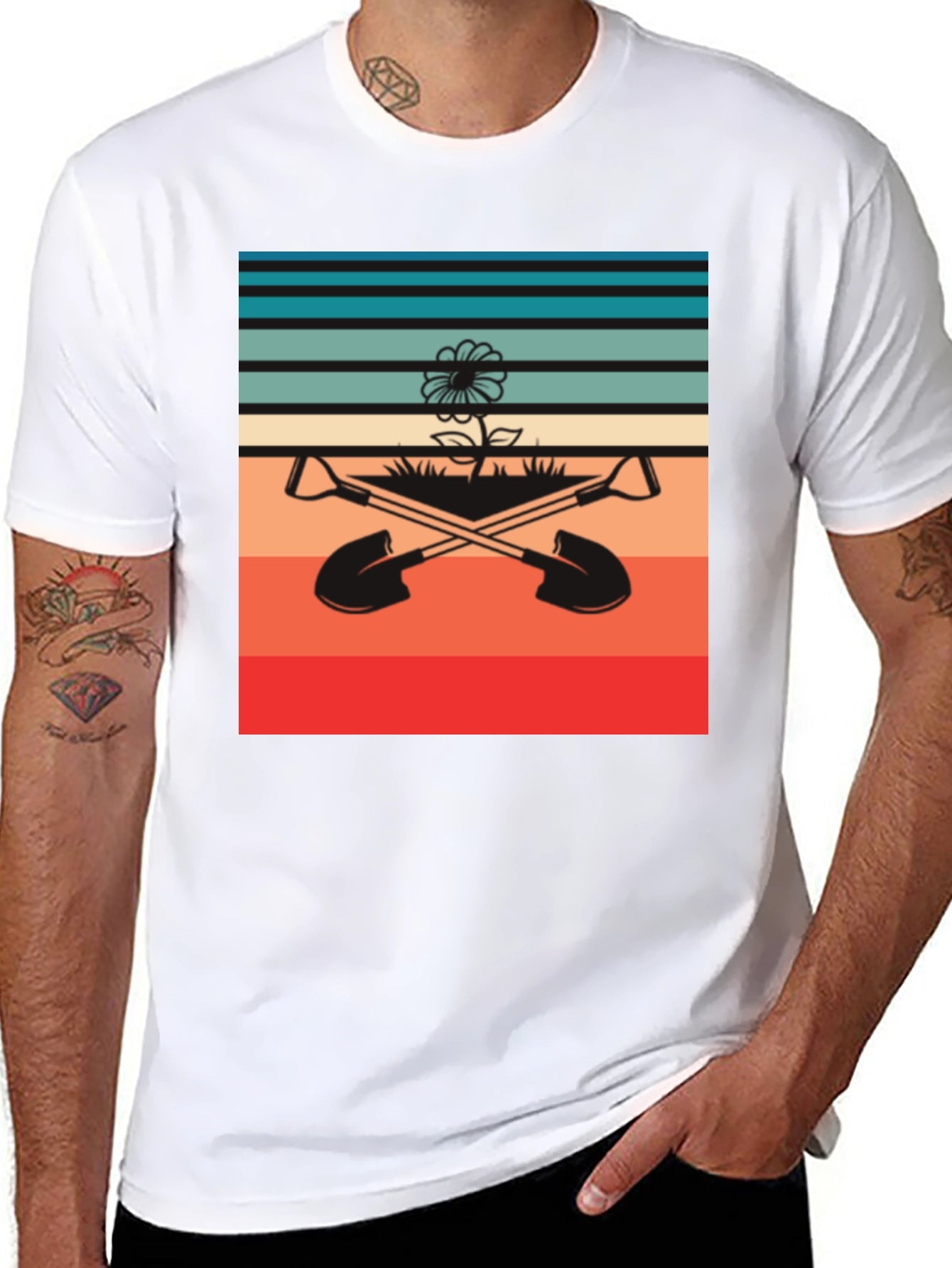 Retro Gardening T-Shirt - Shovels & Flower Design