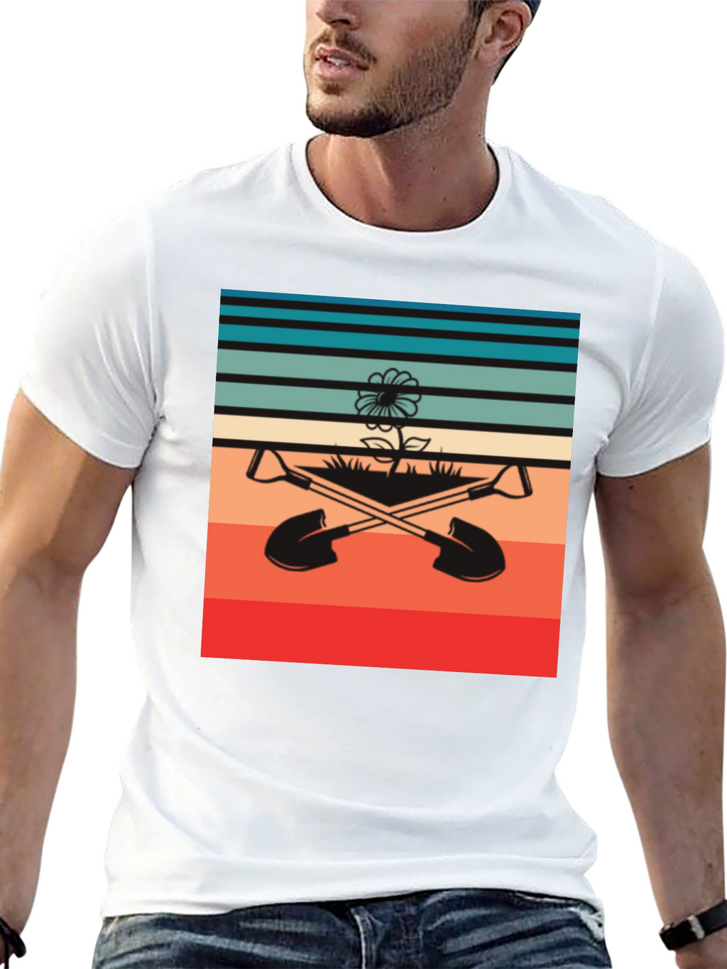 Retro Gardening T-Shirt - Shovels & Flower Design