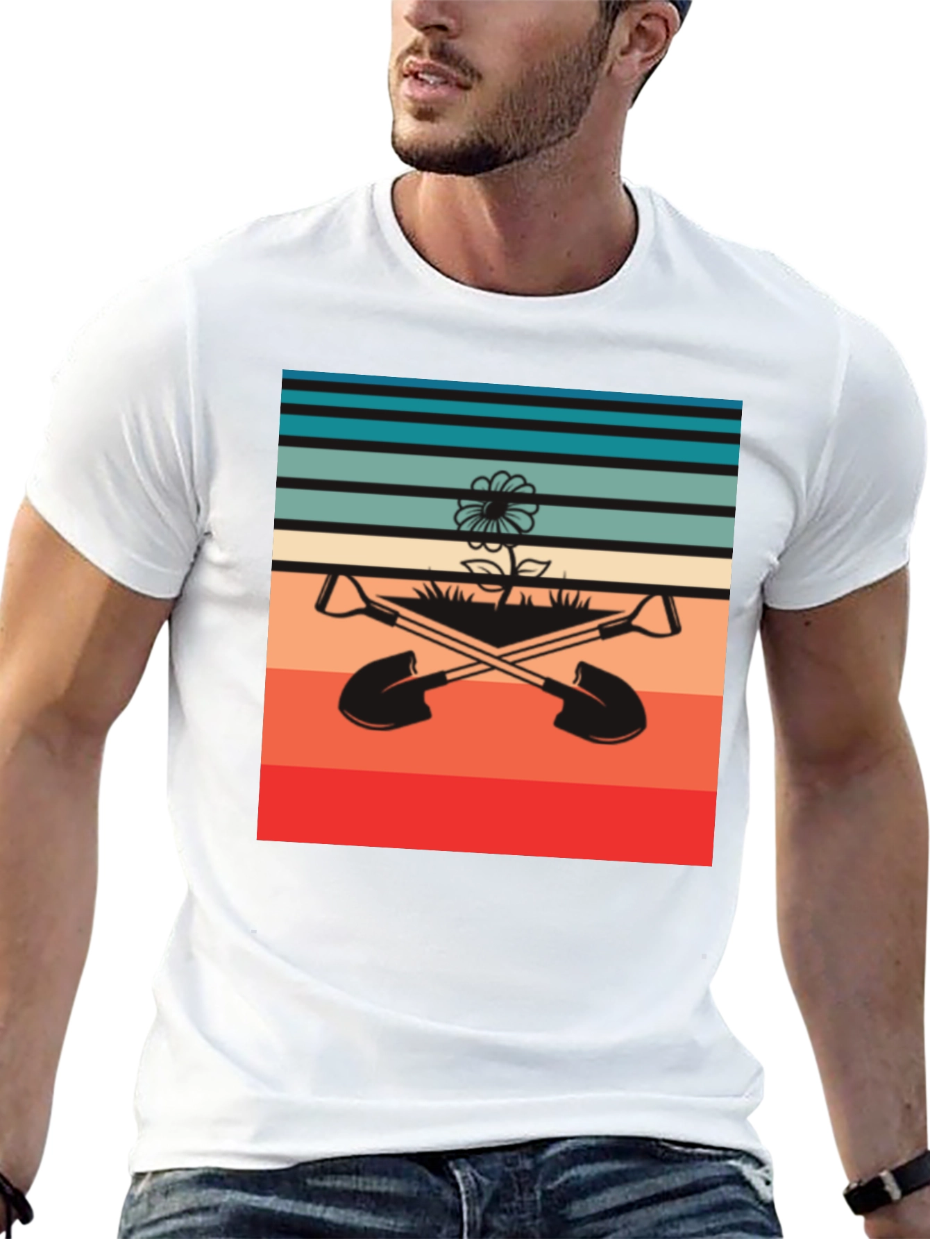 Retro Gardening T-Shirt - Shovels & Flower Design