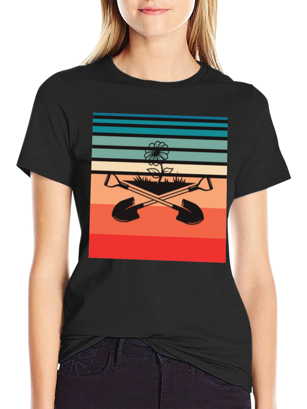 Retro Gardening T-Shirt - Shovels & Flower Design