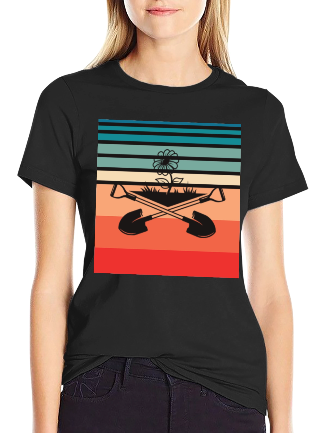 Retro Gardening T-Shirt - Shovels & Flower Design