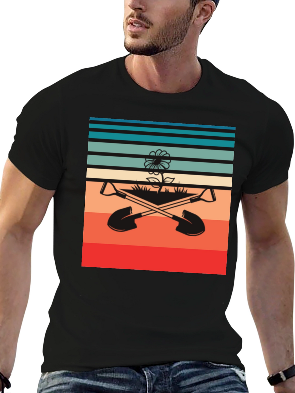 Retro Gardening T-Shirt - Shovels & Flower Design