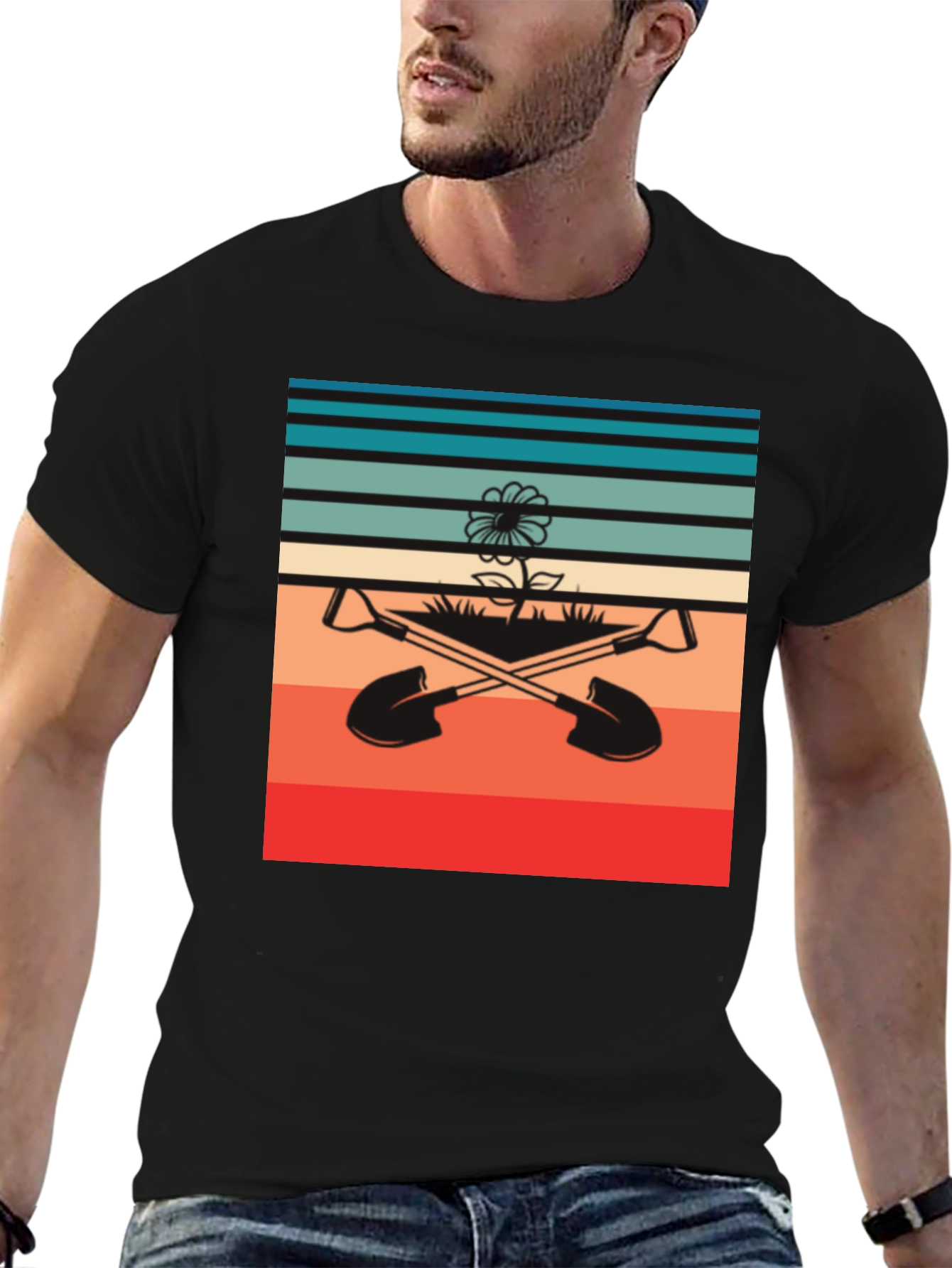 Retro Gardening T-Shirt - Shovels & Flower Design