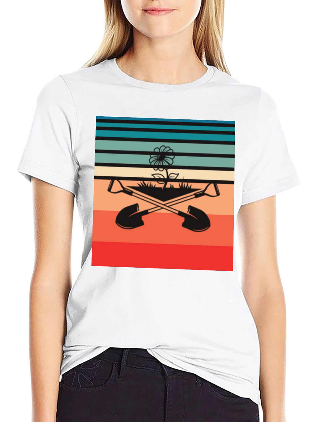 Retro Gardening T-Shirt - Shovels & Flower Design