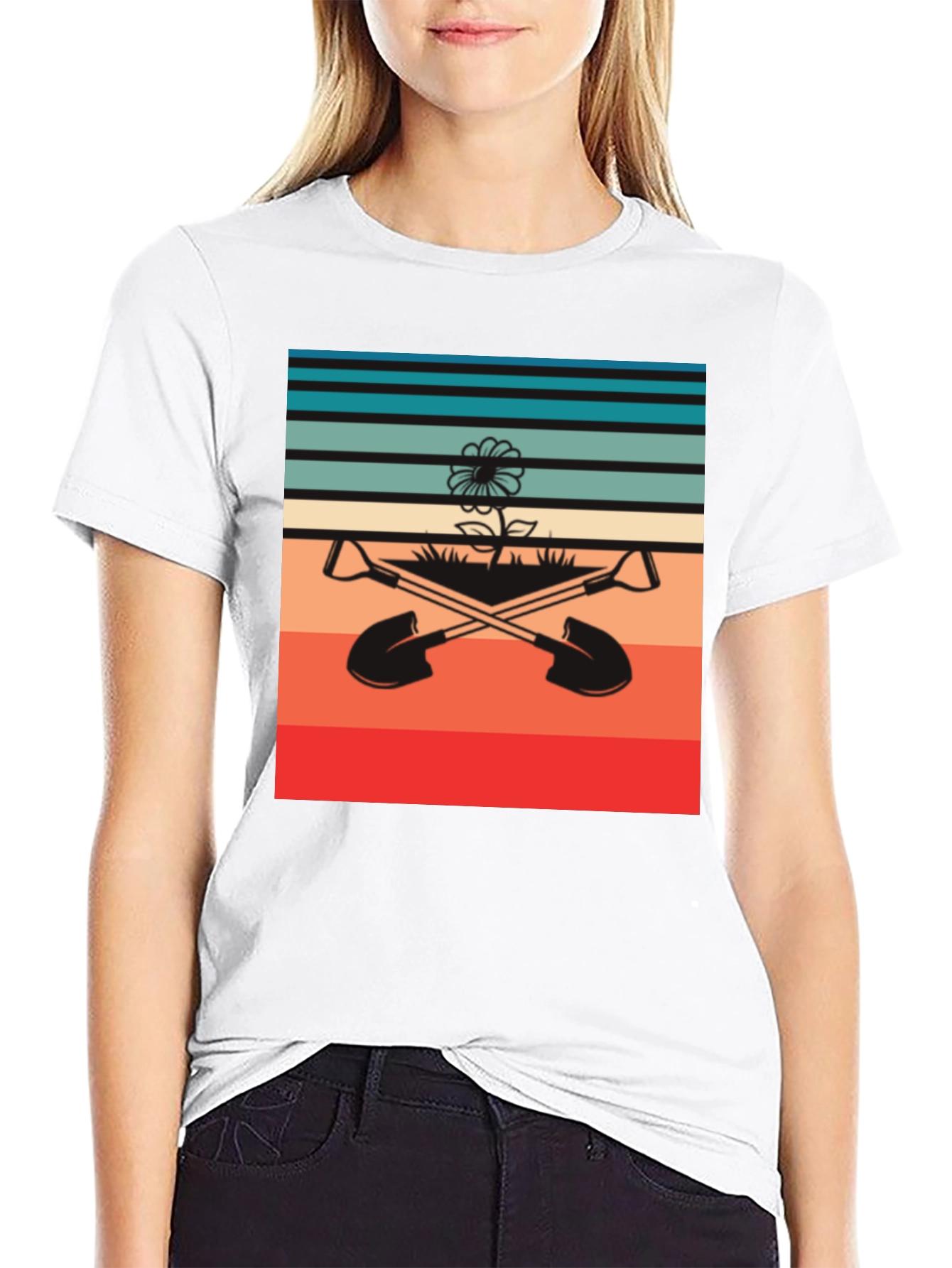 Retro Gardening T-Shirt - Shovels & Flower Design