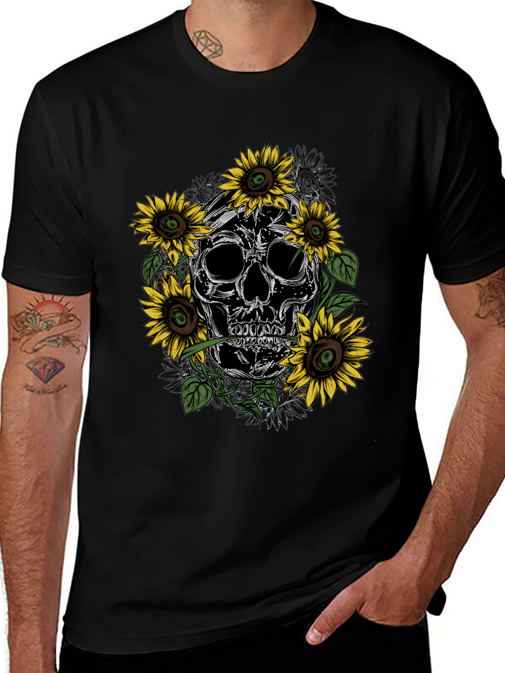 Skull & Sunflower Graphic Tee - Mens Black T-Shirt