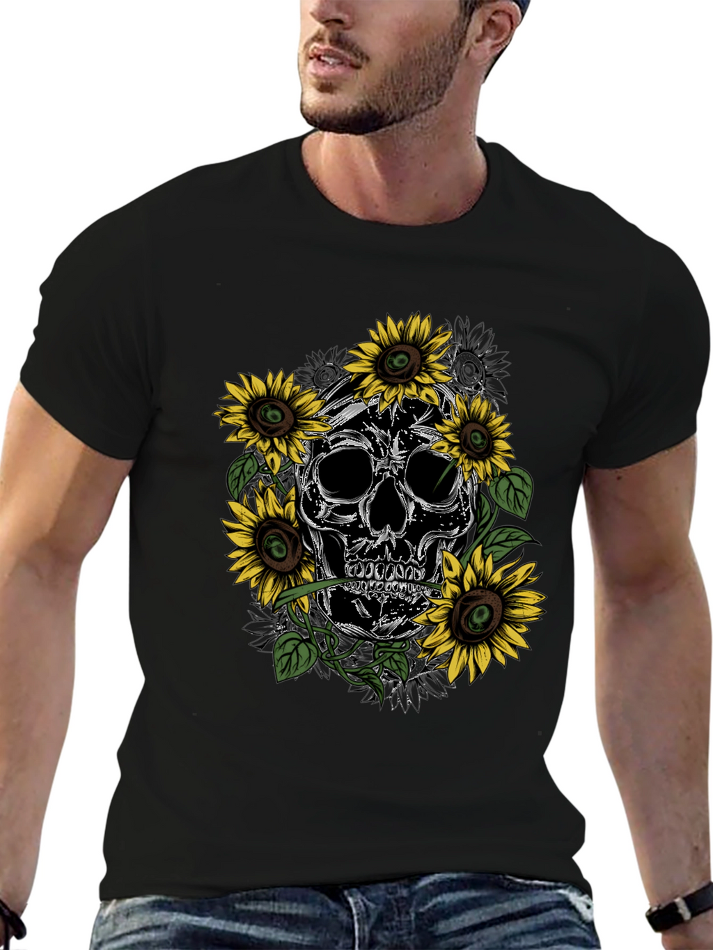 Skull & Sunflower Graphic Tee - Mens Black T-Shirt