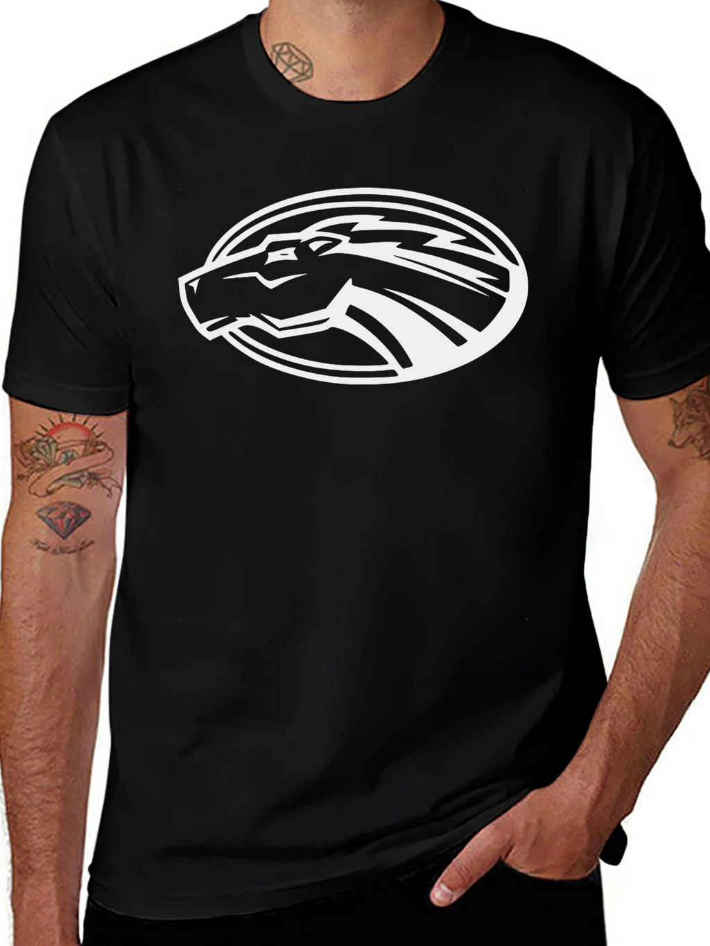 Black T-Shirt with White Horse Oval Design
